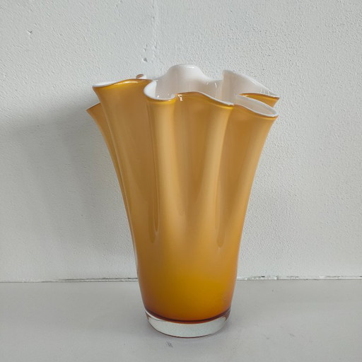 Amberkleurige Fazzoletto bloemenvaas (Murano glas)