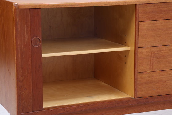 Image 1 of Vintage teak sideboard 60s | Mid - Century sideboard with drawers & slatted doors retro wood storage #08-22