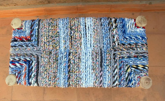 Blue woven and wood bench stool – Benches (photo 4 of 8)