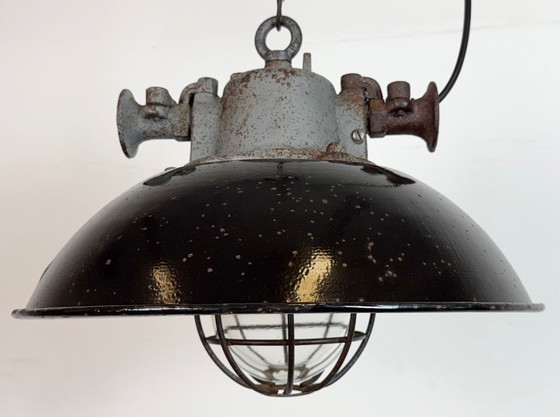 Image 1 of Black Enamel and Cast Iron Industrial Cage Pendant Light, 1960s