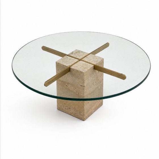 Image 1 of Vintage Round Coffee Table with Thick Glass Top and Travertine Base