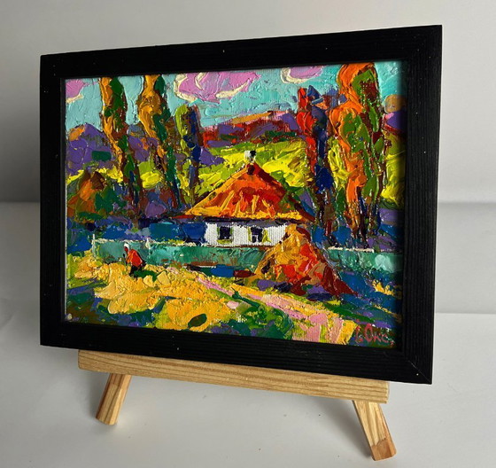 Image 1 of Dipinto ad olio originale Paesaggio rurale Casa Vita di campagna Un sentiero vicino al villaggio