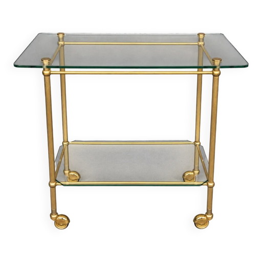 Carrello di servizio su ruote con due ripiani in vetro e struttura in ottone. – serveerwagens, Glass, Brass