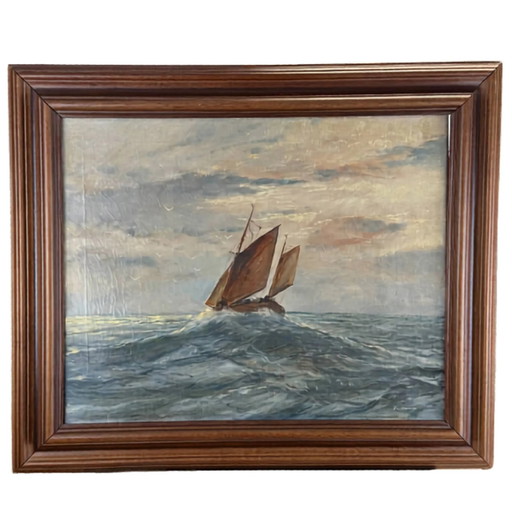53x63 cm Antico Dipinto a Olio Marino R. Doorn | Arte Murale Esclusiva | ca. 1920