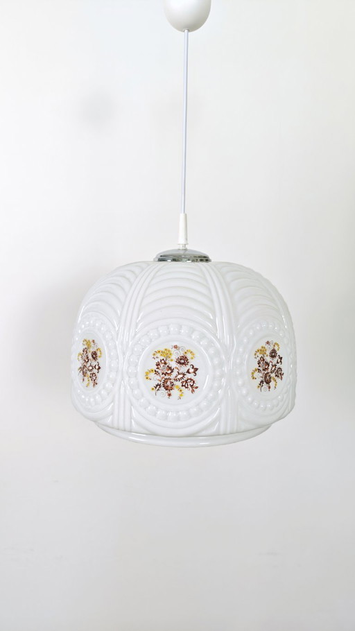 Vintage country-style kitchen pendant light from the 1970s, Yugoslavia, floral opal glass, hanging lamp, retro chandelier 