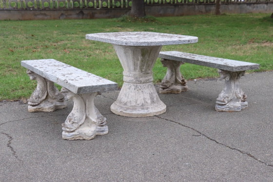 Conjunto de jardín con mesa y dos bancos, Conjuntos de jardín, Otro, Gris, Vintage (foto 3 de 12)