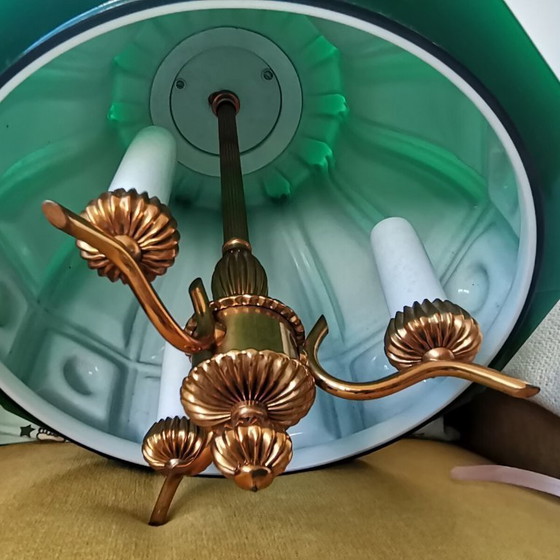 Image 1 of Grote Scandinavische hanglamp met uittrekbare arm, uitgevoerd in groen glas door Helena Tynell voor Flygsfors, jaren 60.