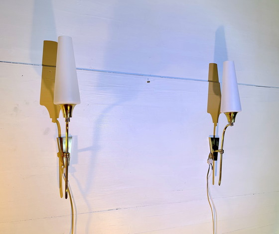 Image 1 of Pair Of Tall Brass And White Opaline Wall Lights, Mid-Century France