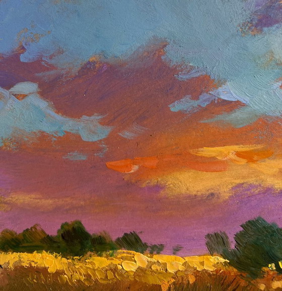 Image 1 of Original Oil Painting Sunset Field Landscape Gold of the passing day