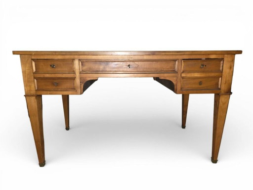 Antica scrivania Luigi XVI/Direttorio – Pelle dorata – 5 cassetti – Chiavi – bureau, Leather, Wood (photo 2 of 5)