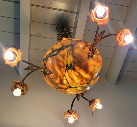 Image 1 of Art-Nouveau Chandelier Ca. 1920 - Alabaster & Glass