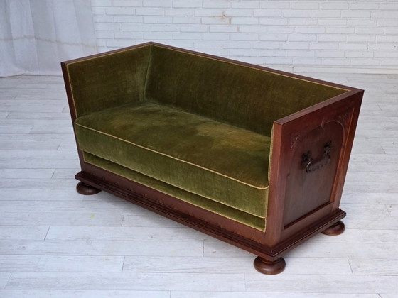 Image 1 of 1950s, Danish 2-seater sofa, original green furniture velour, oak wood.