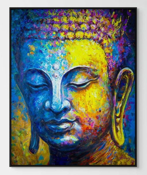 Unique hand-painted Buddha painting "Silent Strength" – Seksak Jaichumchen – 100 × 120 cm
