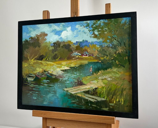Original Oil Painting Summer River Landscape Summer day in the outback