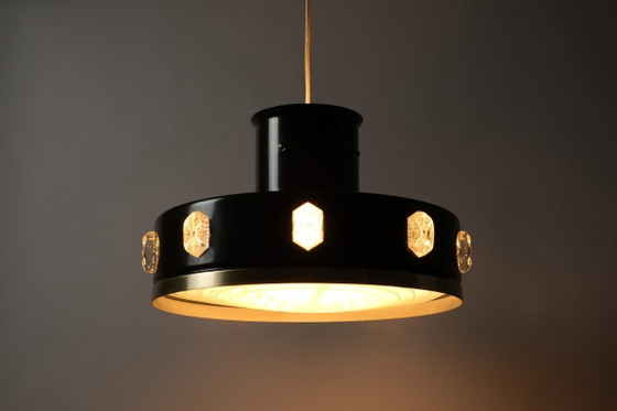 Suspension Vitrika, marron et laiton avec médaillons incrustés, éclairage danois moderne des années 1960. (photo 4 of 12)