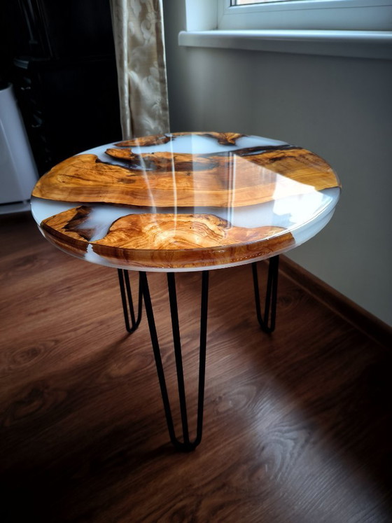 Image 1 of Handmade Olive Wood Epoxy Coffee Table with White Fog Resin