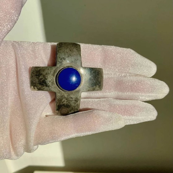 Image 1 of Antique Georg Jensen Era 1910-1925 Solid 925 Silver Maltese Cross Double Sided Lapis Lazuli & Onyx Hallmark GI