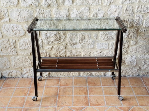 Table d'appoint à roulettes en verre et métal brossé de Zuenelli, 1960s