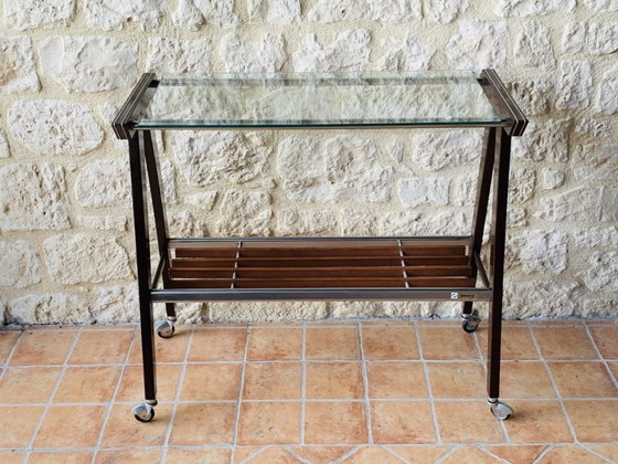Image 1 of Vintage Glass and Brushed Metal Side Table on Wheels from Zuenelli, 1960s