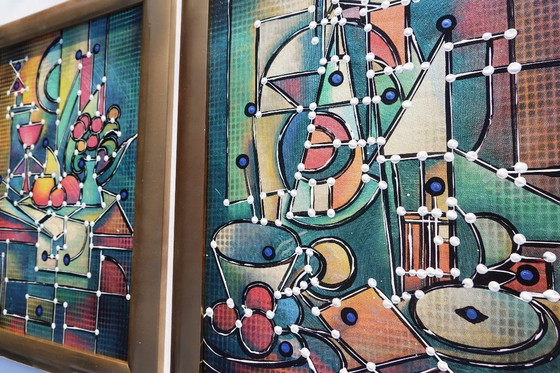 Image 1 of Kubisme A1438 - abstracte schilderijen - tweeluik
