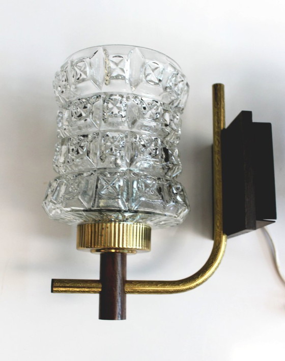 Image 1 of Paar Wandleuchten aus strukturiertem Glas, Holz und vergoldetem Metall, 1970