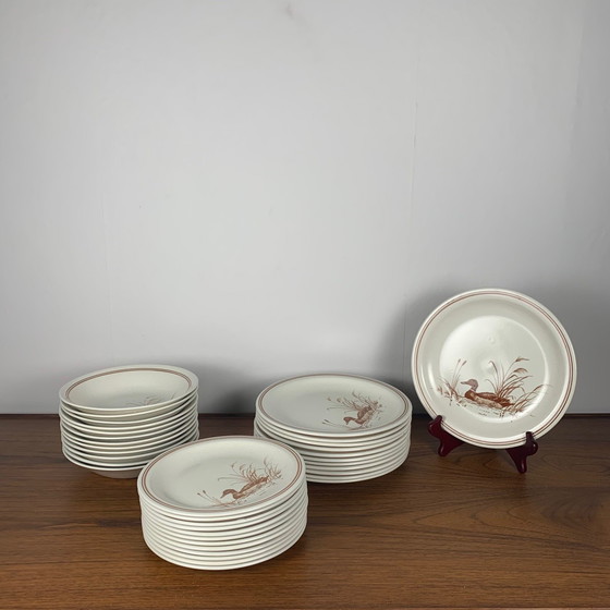 Image 1 of Vintage Churchill Engeland 6 diepe bordenset - eendenpatroon & rood/bruine rand, 1980/90