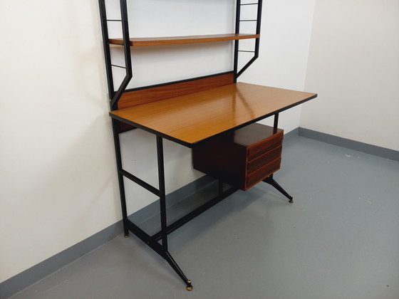 Image 1 of Italian modernist desk with built-in modular string bookcase in teak, metal and melamine from the 60s