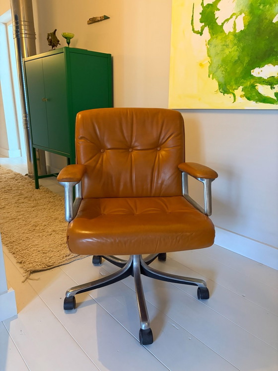 Sedia direzionale danese vintage, cognac, sedia da ufficio di design, Sedie da conferenza, Pelle, Alluminio (foto 2 di 5)