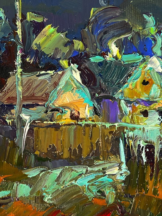 Image 1 of Peinture à l'huile originale représentant un paysage champêtre nocturne au clair de lune dans un village
