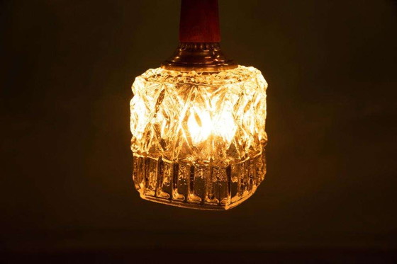 Image 1 of Vintage set of pendant lights glass 60s teak brass & glass pendants