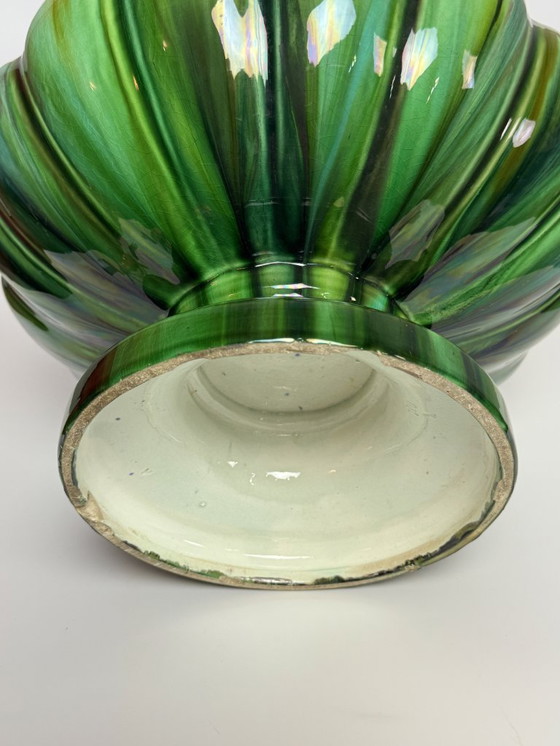 Image 1 of Beautiful Big Art Nouveau Majolica Jardiniere in High Gloss Green Tones