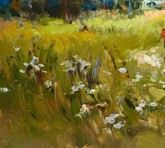 Image 1 of Original Oil Painting Summer Village Landscape A couple walking through a field