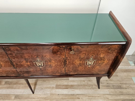 Image 1 of Mid-Century Mahogany Sideboard with Teal Glass and Compartments with Drawers, 1950