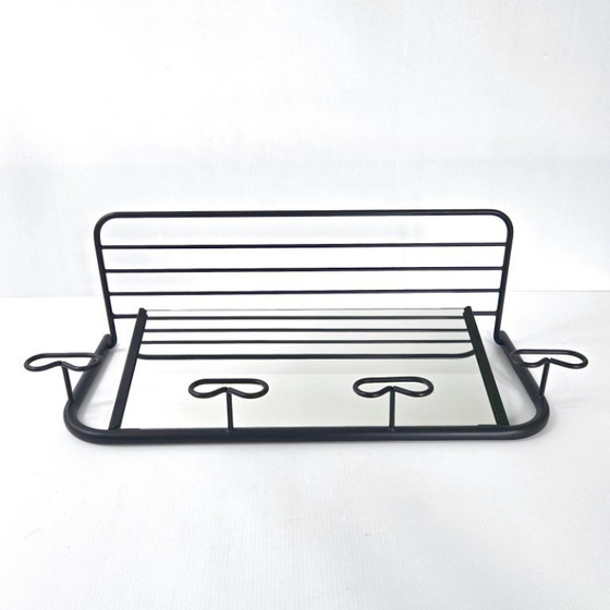 Image 1 of Vintage 1950s Rockabilly Wall-Mounted Coat Rack with Mirror, Black Lacquered Metal