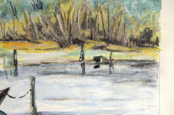 Watercolor depicting a pond with a boat and a Provençal farmhouse, 24x32cm Canson – Paintings & Drawings (photo 3 of 5)