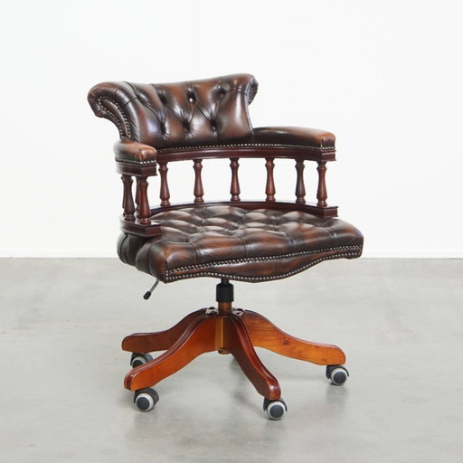 Beef leather and wood chesterfield office chair on wheels