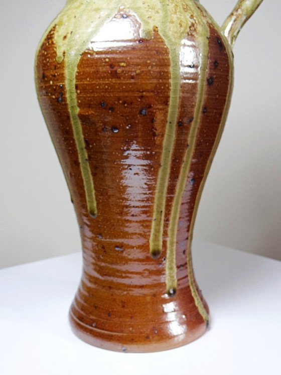 Image 1 of Impressive French stoneware pitcher from the 1960s-70s with a Japanese-inspired ash glaze