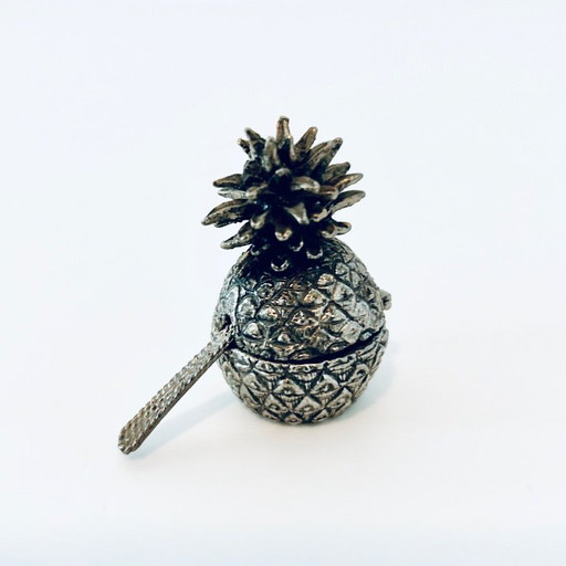 Silver vintage mini Salt Pot with spoon - Silver with email inside - very collectible - original old condition - ca. 3,5cm