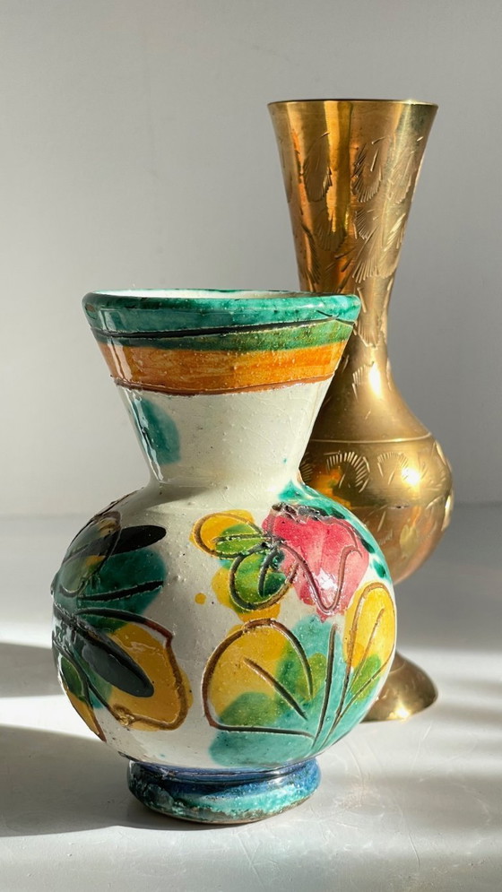 Image 1 of Vintage Handcrafted Ceramic and Brass Vases