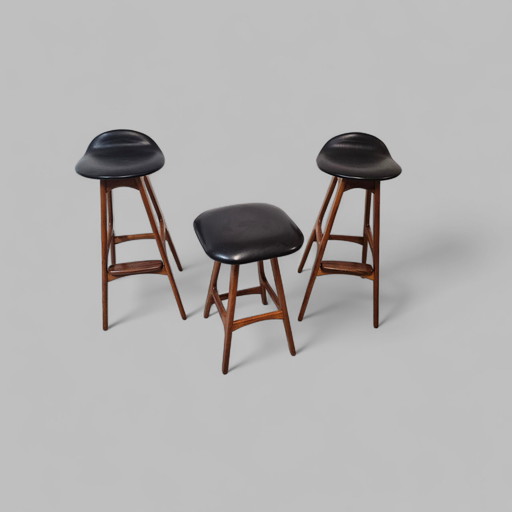 Mid - Century set of three Erik Buch teak bar stools stool teak 1960s Denmark