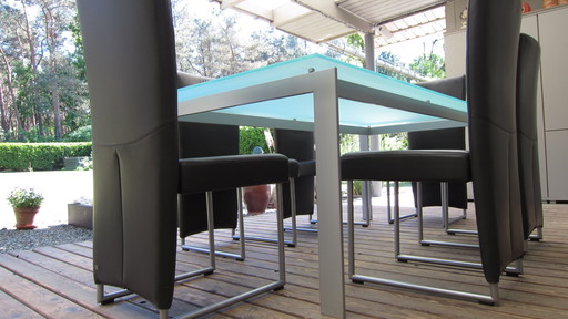 6x Lederen Design Stoelen Rolf Benz Type 7400 + Glazen Tafel van Metalmobile Mooie Staat!