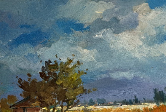 Image 1 of Original Oil Painting Summer Field Landscape The sun shines through the clouds