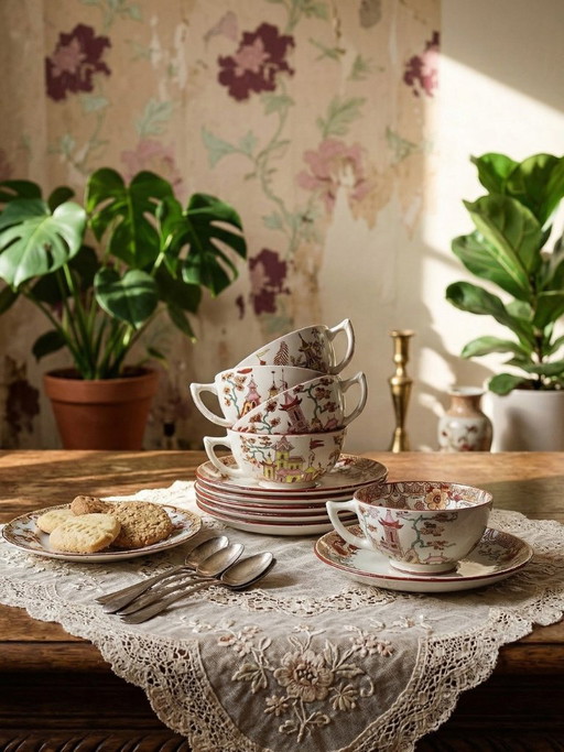 Sarreguemines - Kyoto - antique tea set: 5 cups and 6 Japanese-style saucers