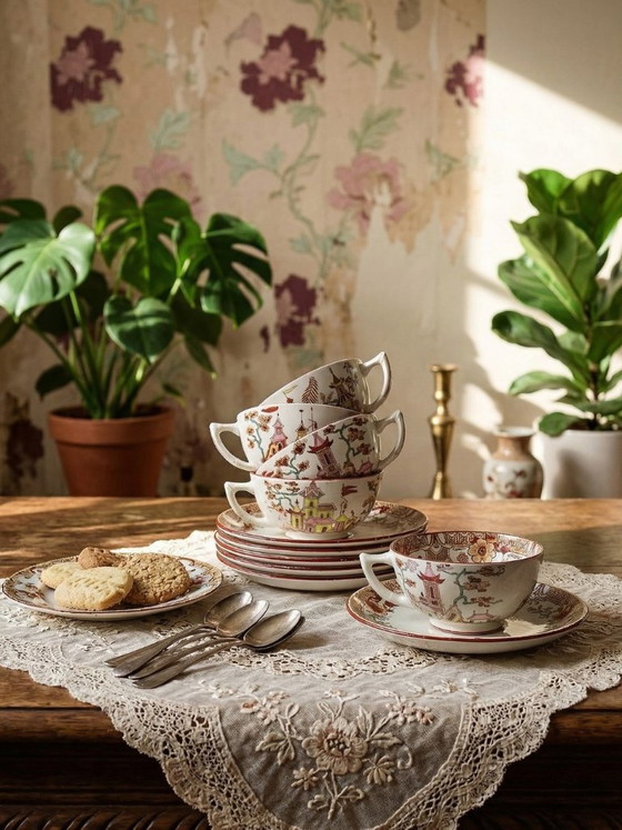 Image 1 of Sarreguemines - Kyoto - antique tea set: 5 cups and 6 Japanese-style saucers