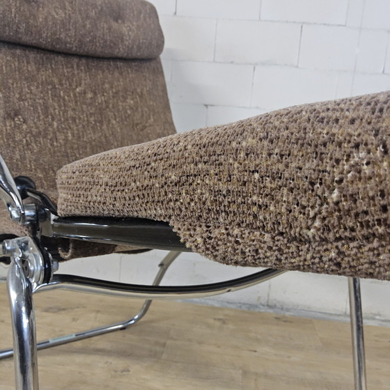 Image 1 of Vintage Verstelbare Relaxfauteuil Chroom / grijs / bruin stof / luie stoel / reclining chair
