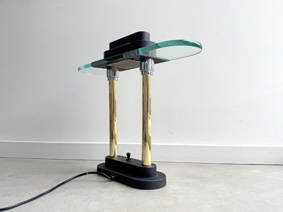 1x Large Vintage 80s Halogen Desk Lamp / Table Lamp - Hollywood Regency – Glass, Metal (photo 3 of 5)