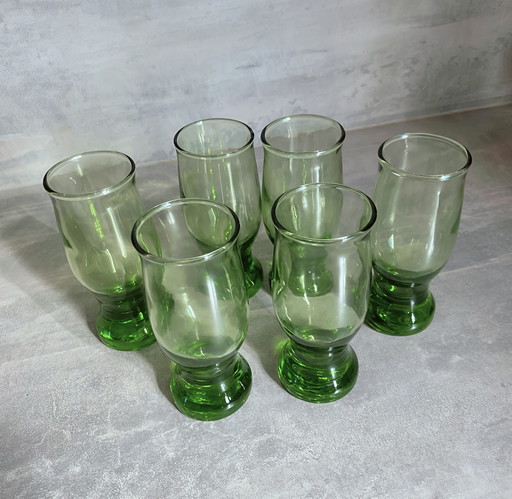 Vintage Hand Blown Green Liqueur Glasses With Solid Base, Complete Set Of 6!