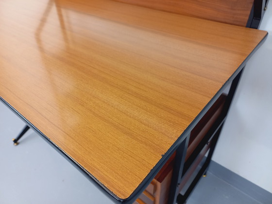 Image 1 of Italian modernist desk with built-in modular string bookcase in teak, metal and melamine from the 60s