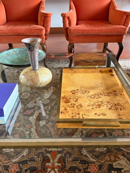 Hollywood regency brass & burl tray, Italy 1970s