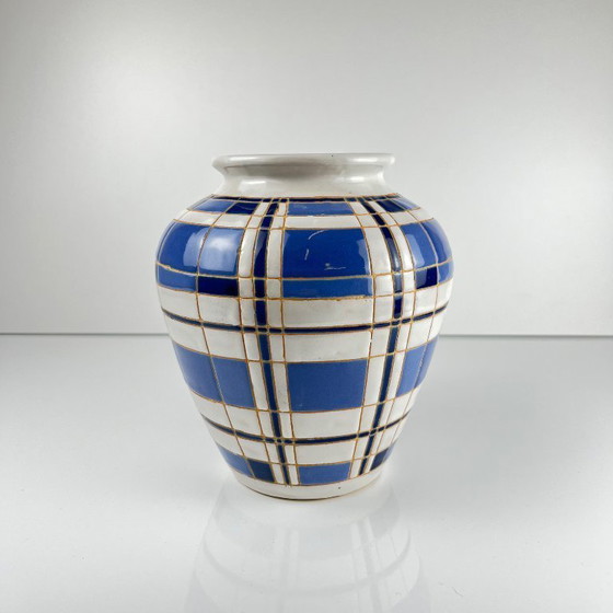 Image 1 of Vaso vintage degli anni '50, terracotta smaltata, decorazione geometrica blu e bianca